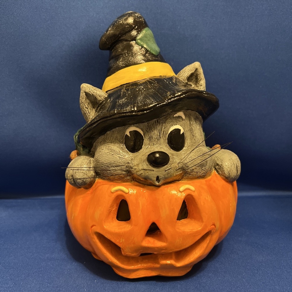 Vintage Halloween Chalkware Sculpture Mouse On Carved Pumpkin Fall Decor 8x6"